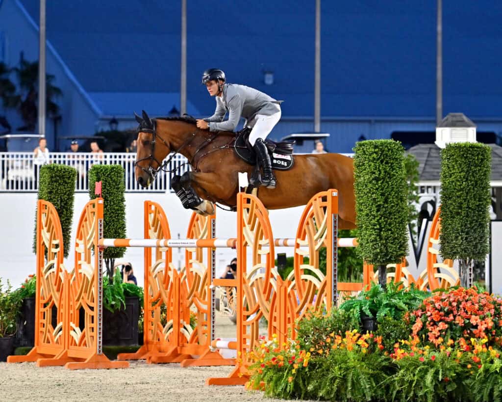 A rider in equestrian attire guides a horse over an orange jumping obstacle during a show jumping competition.