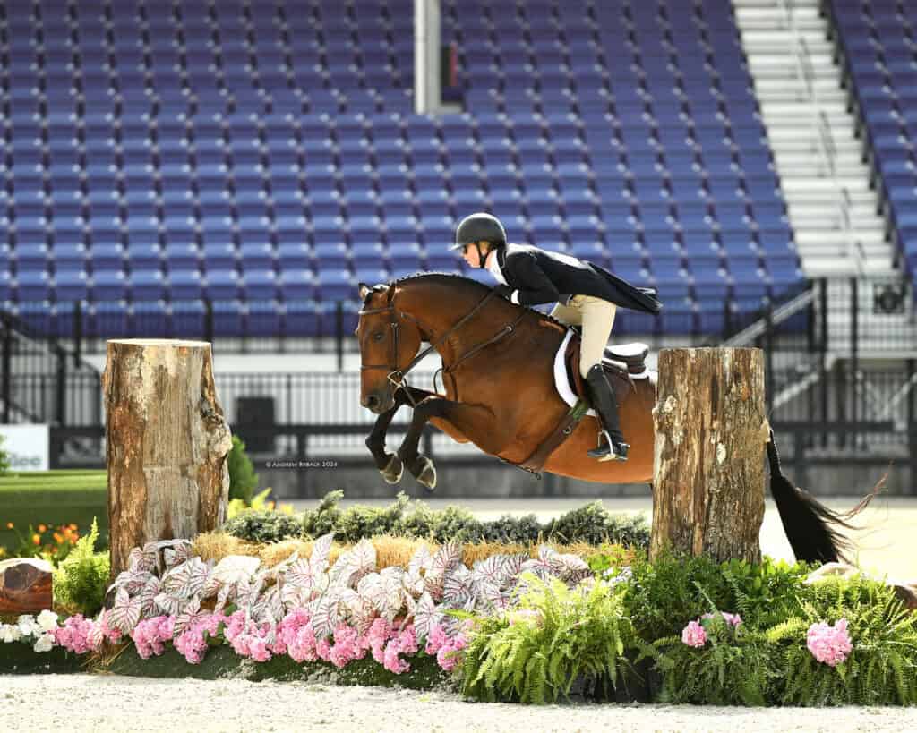 Equestrian rider in formal attire jumps a brown horse over an obstacle decorated with flowers and logs in an arena with empty blue stadium seats.