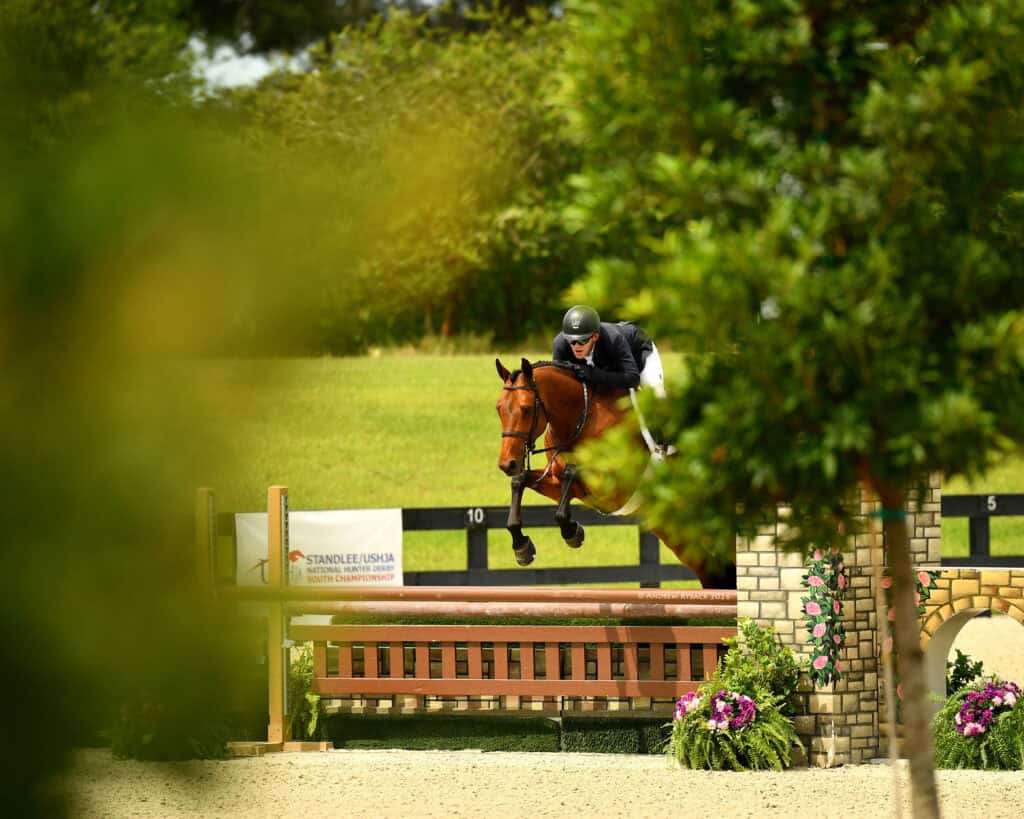 A horseback rider in a helmet and jacket jumps over an obstacle during an equestrian event, with greenery and flowers in the foreground.