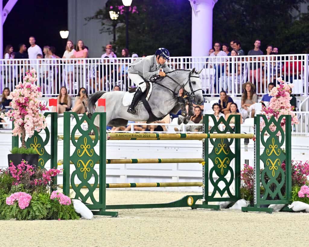 A rider on a gray horse jumps over an obstacle during an equestrian event, with spectators watching in the background.