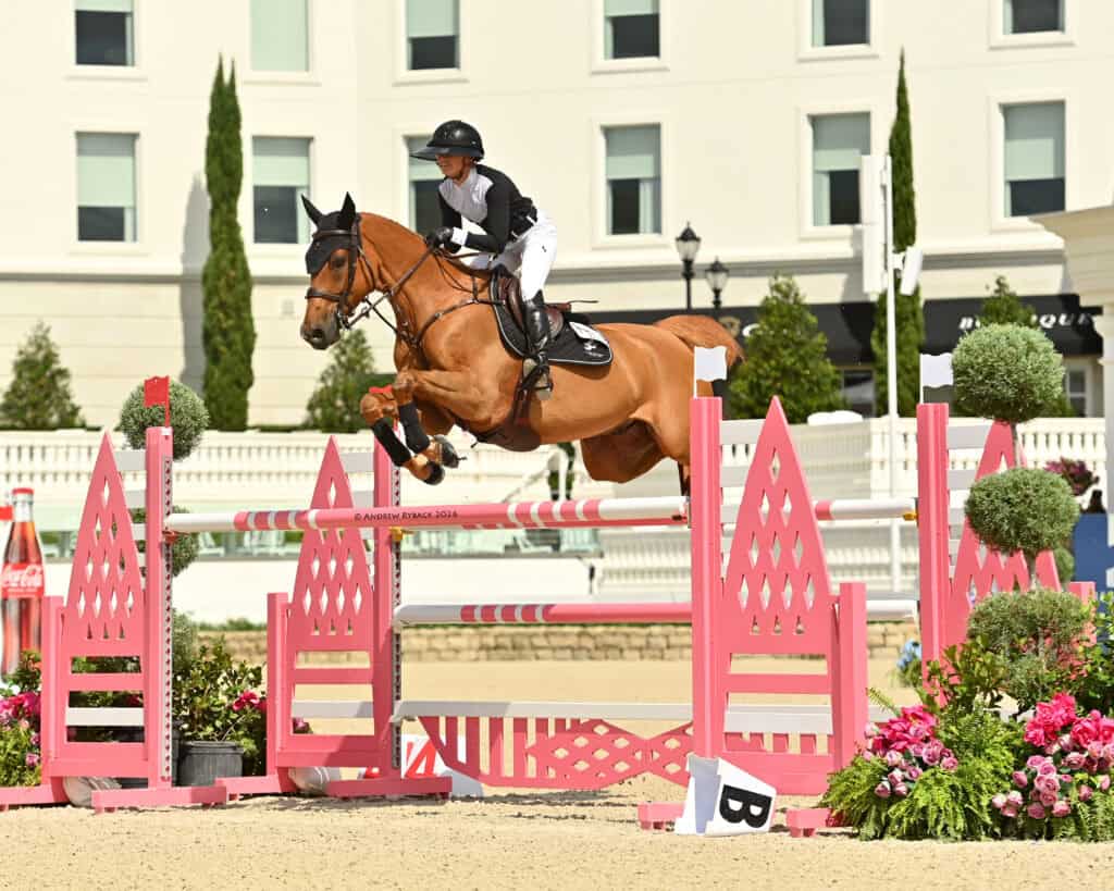 An equestrian rider and horse jump over a pink obstacle during a show jumping competition in an outdoor arena.