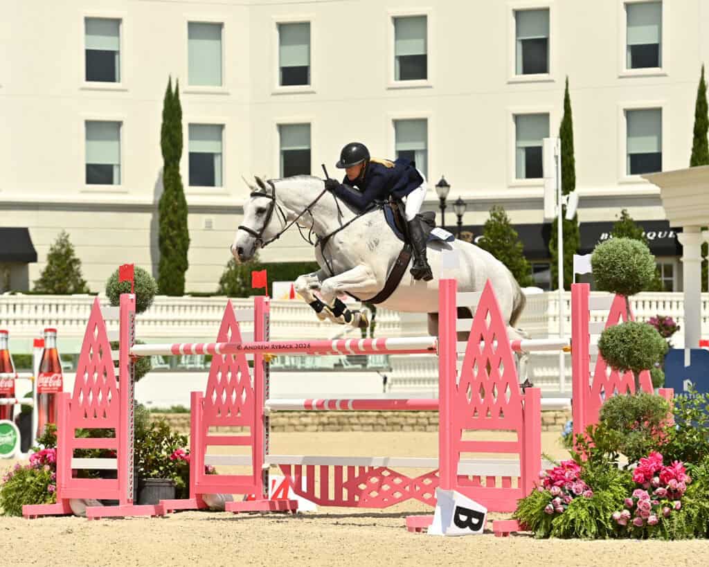 A rider in equestrian gear jumps a white horse over a pink obstacle during a show jumping competition in an outdoor arena.