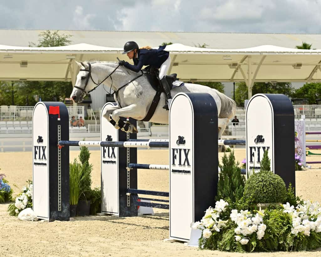 A rider in a helmet and jacket guides a gray horse over a jump at an outdoor equestrian competition.