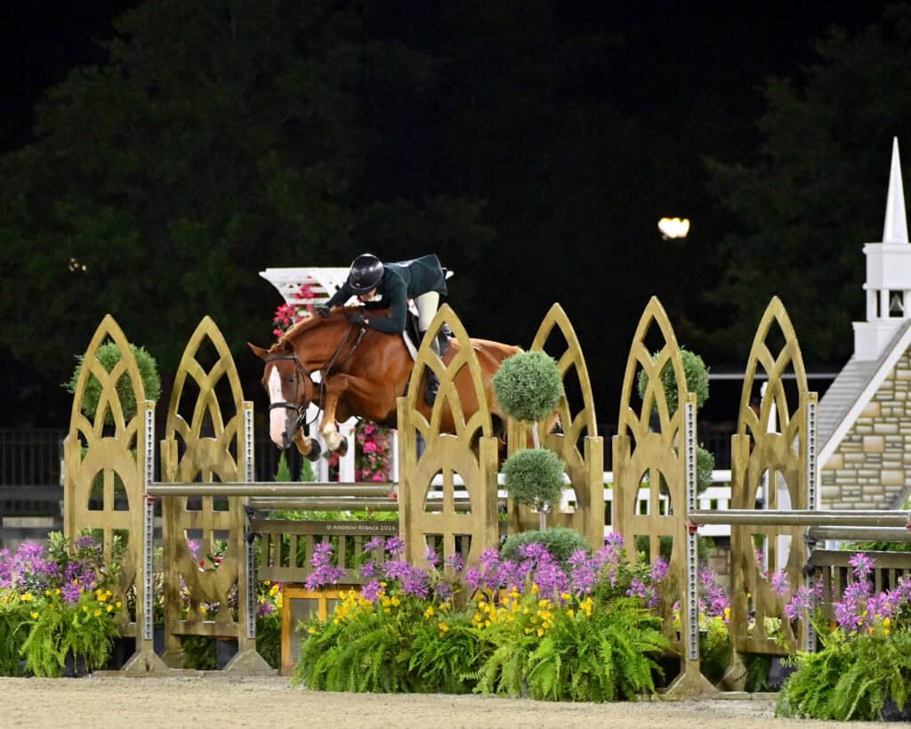 A rider on a chestnut horse jumps over an ornate fence with flowers and greenery during an equestrian competition at night.