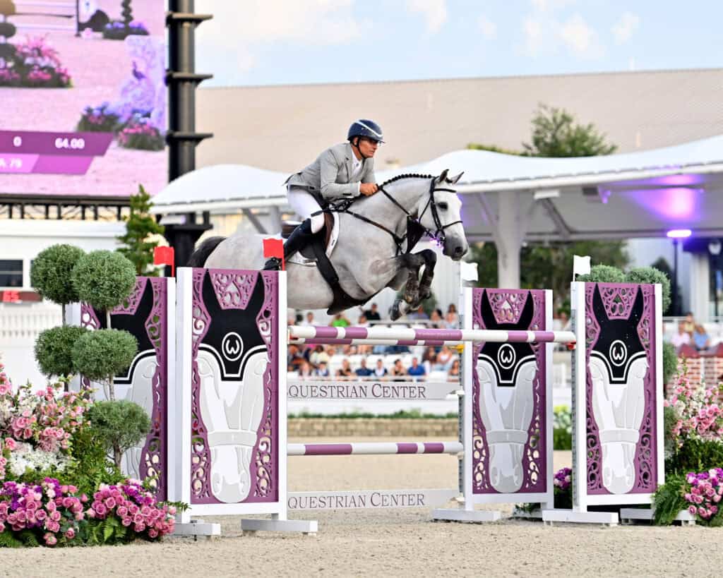 A rider in equestrian gear jumps a gray horse over a purple and white obstacle at an outdoor equestrian competition.