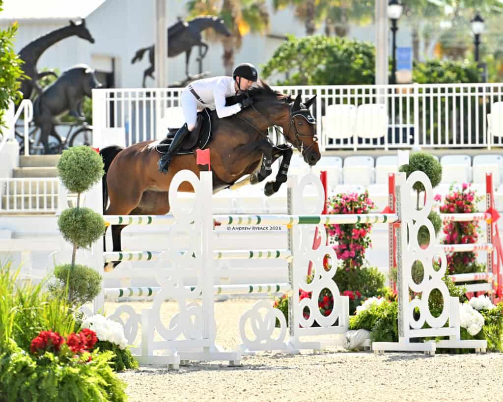 A rider in white attire and helmet jumps a brown horse over a white obstacle during an equestrian event, with decorative plants and statues in the background.