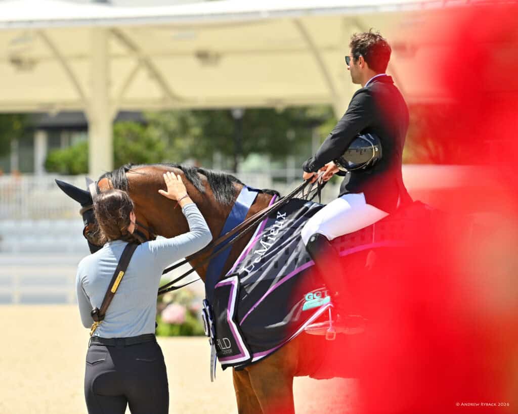 A person on horseback wearing formal riding attire holds a helmet, while another person stands beside the horse, touching its head. A red blur is visible in the foreground.