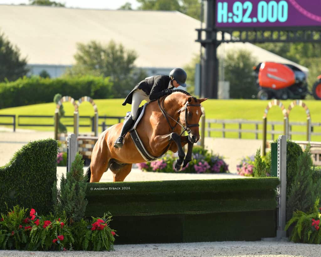 Equestrian rider jumps a brown horse over a green hedge obstacle during an outdoor competition. A digital scoreboard and landscaping are visible in the background.