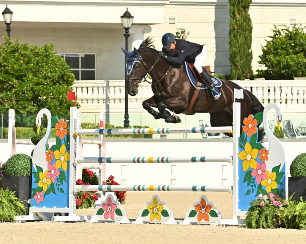 A rider on a dark horse jumps over a colorful obstacle decorated with flowers during an equestrian show jumping event.