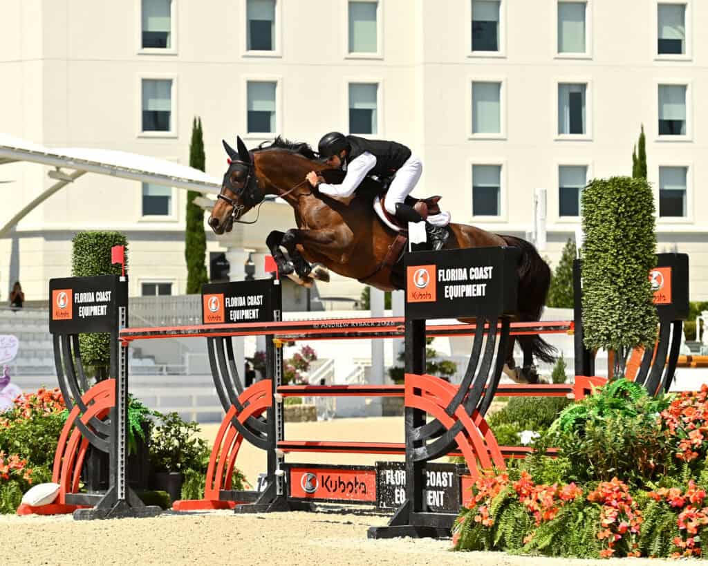 A rider in equestrian gear guides a horse over a jump at an outdoor show jumping event, with a white building in the background.