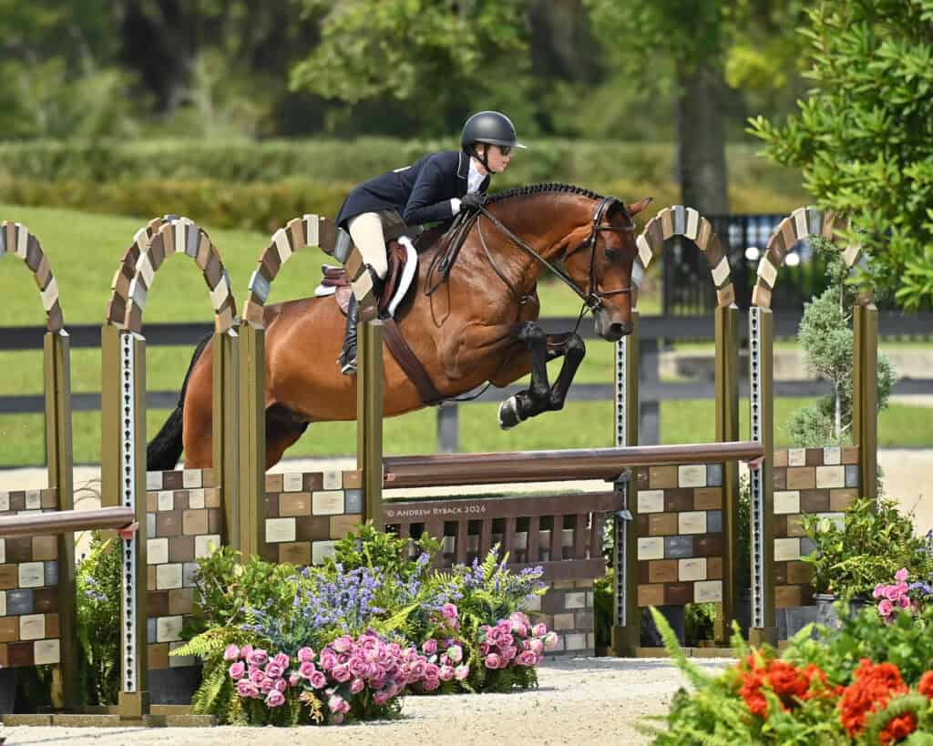 A rider in equestrian gear guides a horse over a jump during an outdoor show jumping competition, with flowers and greenery in the foreground.