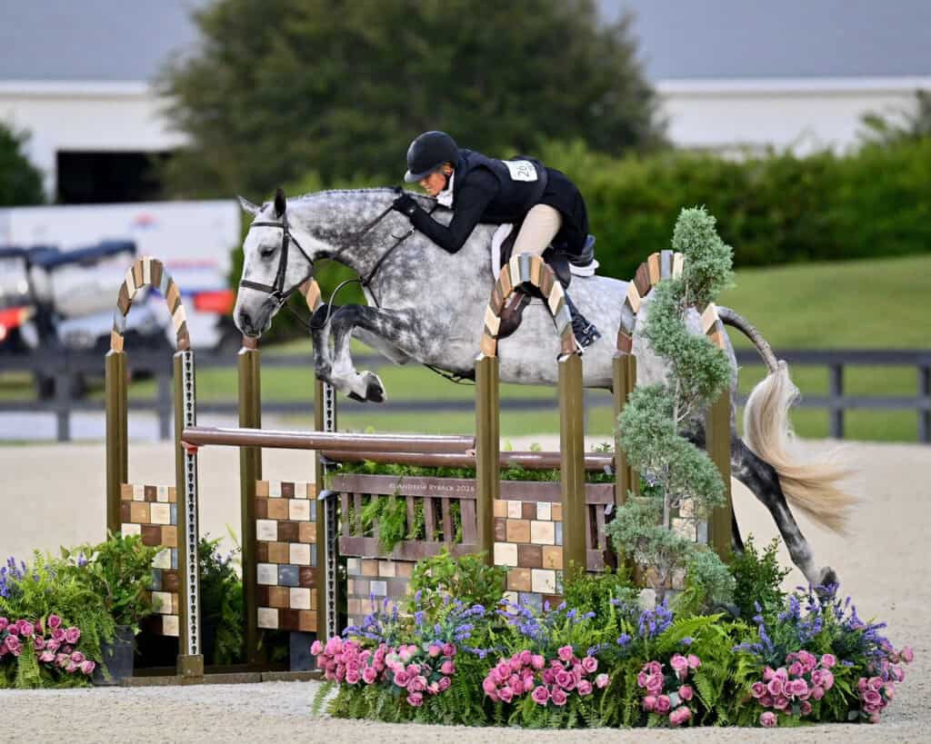 A rider in formal attire guides a gray horse over a show jumping obstacle decorated with flowers during an equestrian competition.