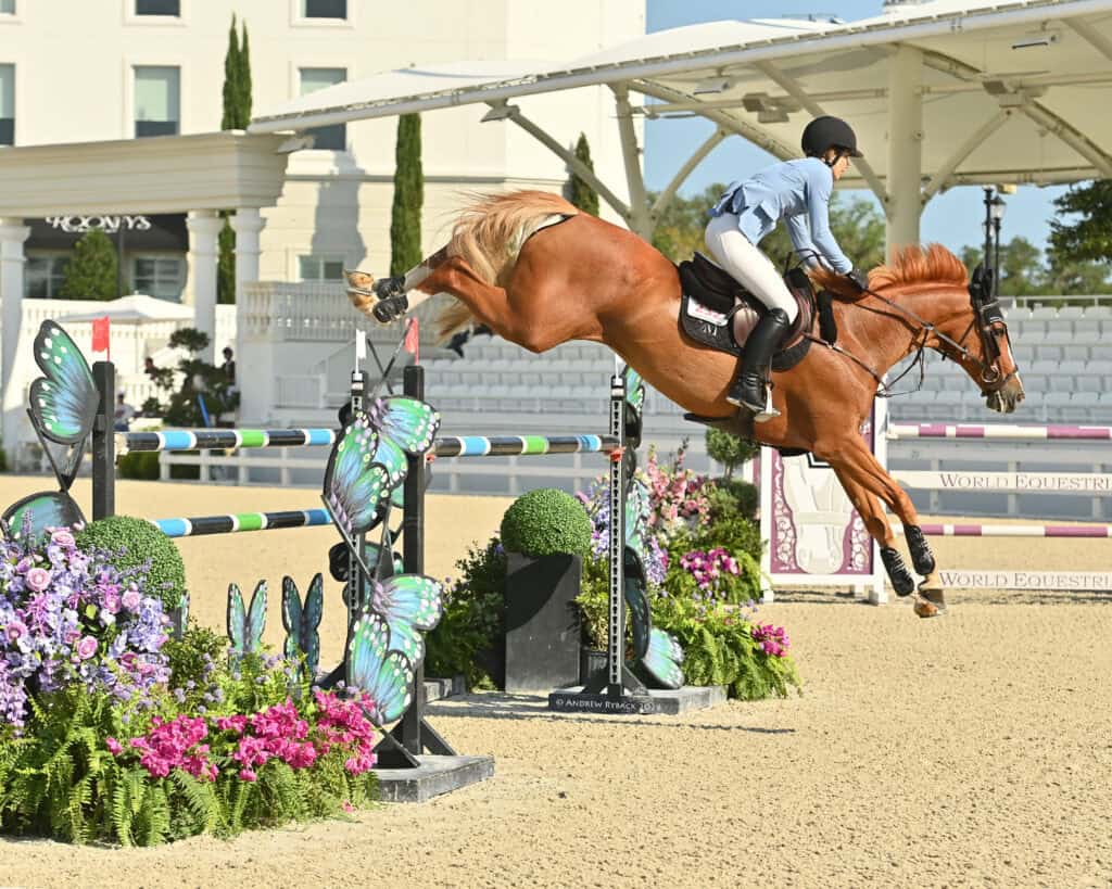 An equestrian jumps a horse over a colorful obstacle during a show jumping competition in an outdoor arena.