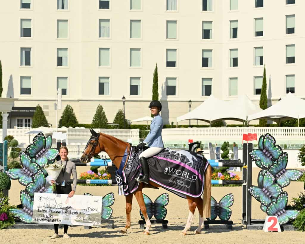 A rider on a horse poses with a woman holding an oversized check in front of a decorated arena backdrop with butterfly motifs and a large building in the background.