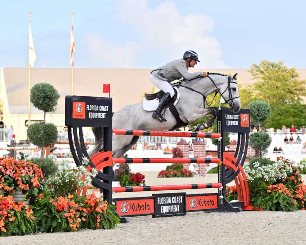 Equestrian jumping competition: a rider on a grey horse clears a high obstacle decorated with flowers and branded signage under a clear sky.