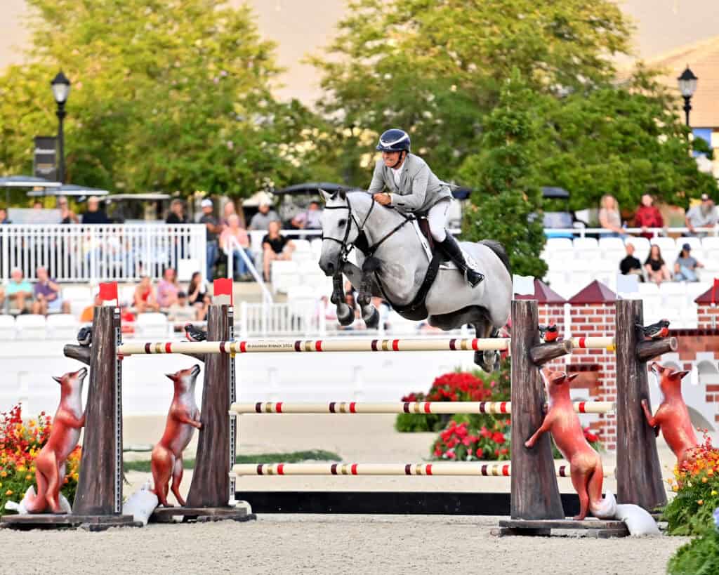 A person riding a gray horse jumps over a decorated obstacle in an equestrian event, with spectators seated in the background.