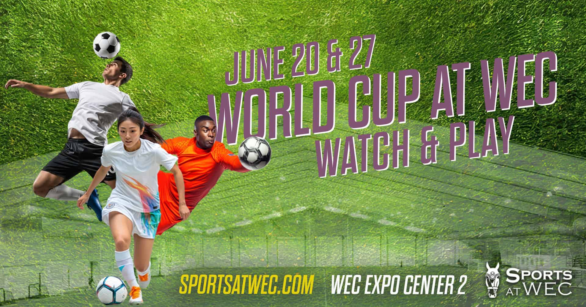 Three soccer players in action with text promoting 