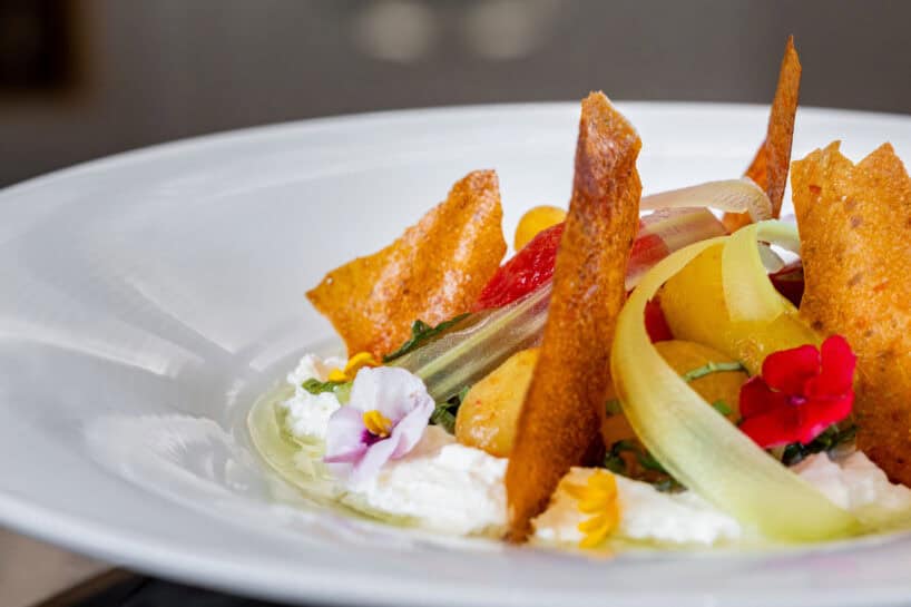 A plated gourmet dish featuring thin vegetable ribbons, crispy golden shards, edible flowers, and a creamy white base, arranged artfully on a white plate.