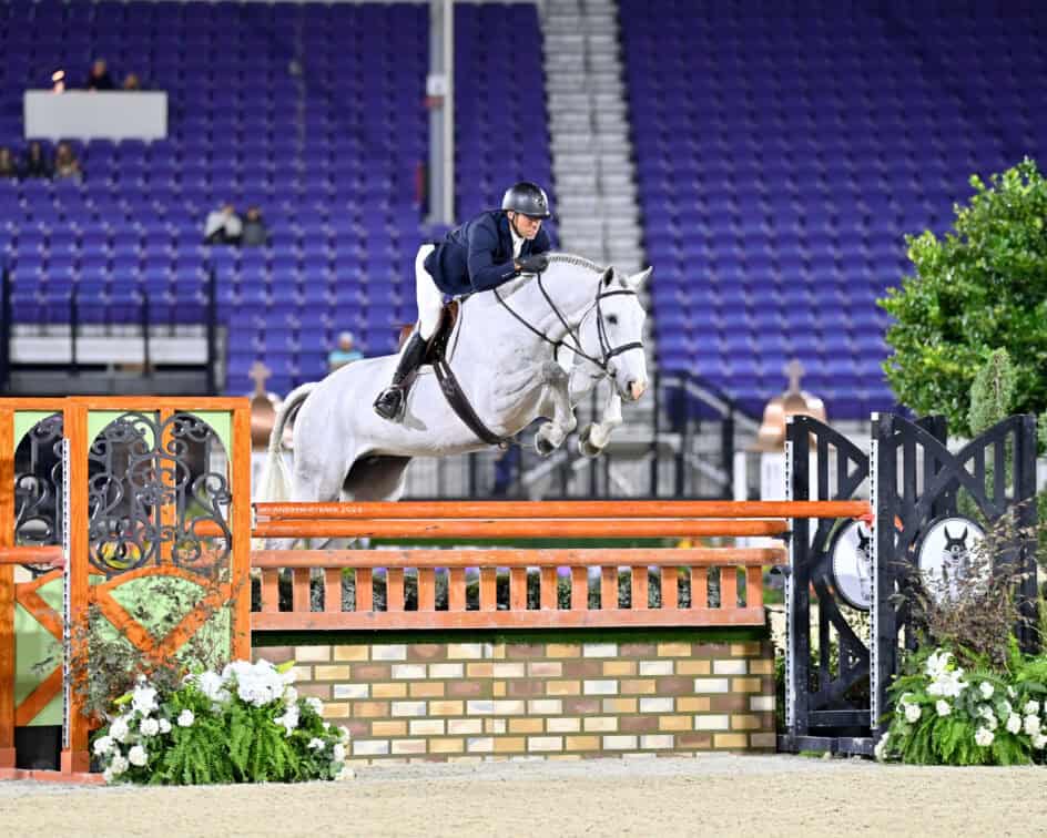 Equestrian rider in a navy jacket and helmet jumps a white horse over a fence in an arena with empty purple seats in the background.