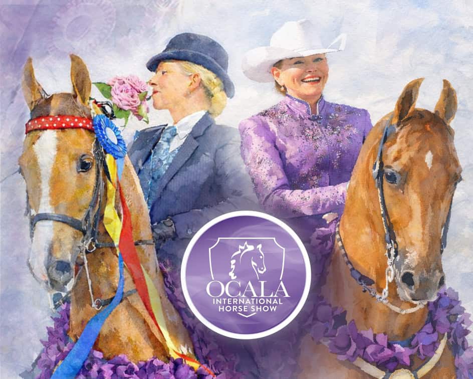 Two women in formal attire sit on decorated horses with award ribbons, smiling, with the Ocala International Horse Show logo in the foreground.