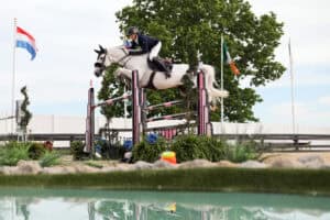 A rider and white horse jump over an obstacle during an equestrian event, with flags and greenery in the background.