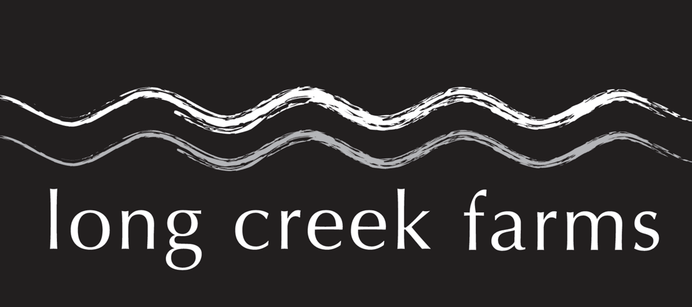 Long Creek Farms logo with two wavy white lines above the business name on a black background.