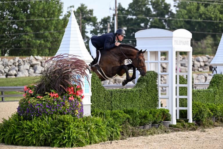 A horse and rider jump over a hedge obstacle decorated with plants and a white structure resembling a phone booth during an equestrian event.