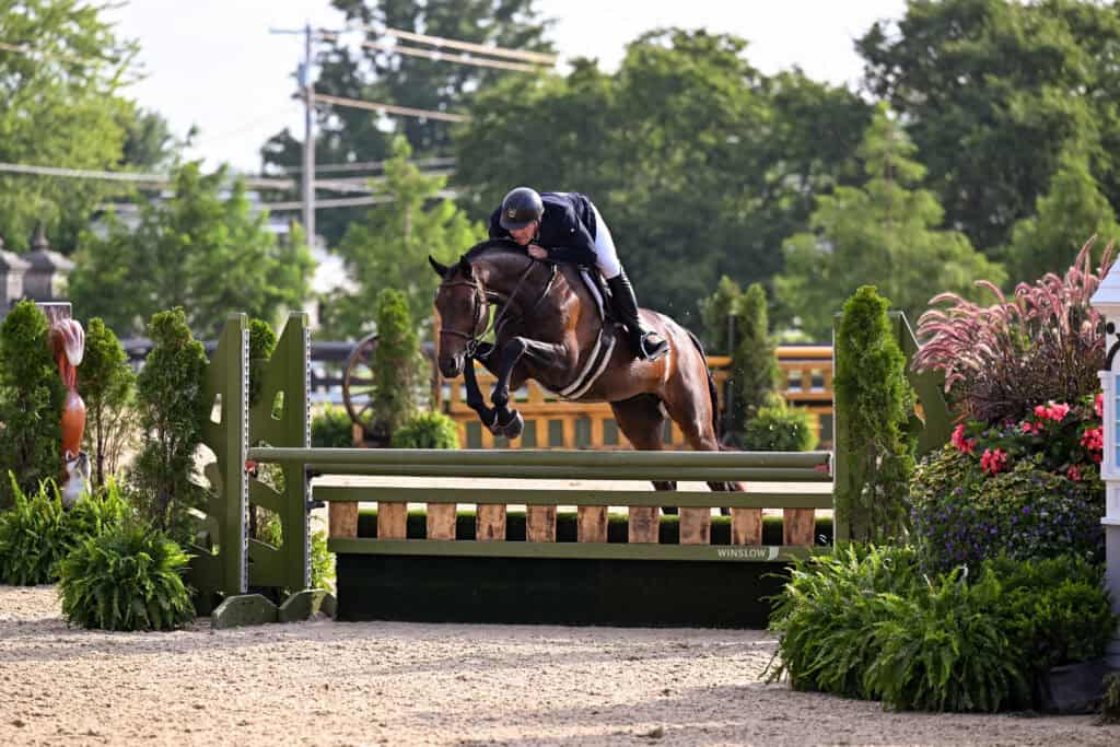 A rider in formal attire and helmet guides a horse over a green jump in an outdoor equestrian arena surrounded by plants and greenery.