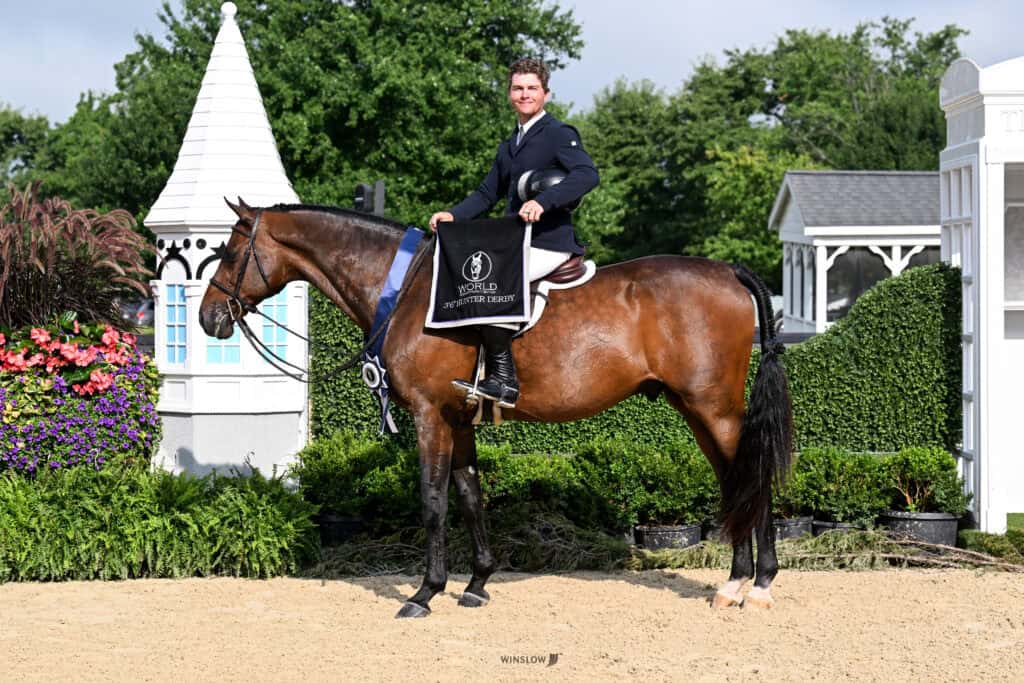 A man in formal riding attire sits on a brown horse with a winner’s sash and blanket, posing in front of white buildings and green hedges at an outdoor equestrian event.
