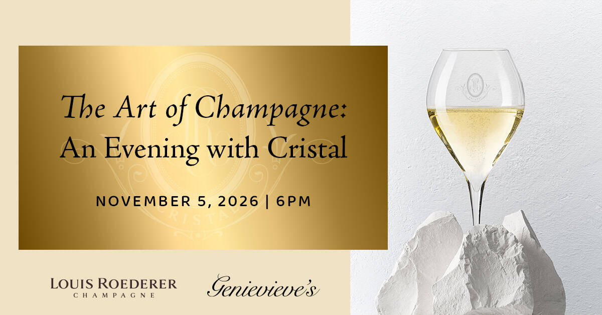 Gold and white event invitation showing a glass of champagne on rocks. Text reads: The Art of Champagne: An Evening with Cristal, November 5, 2026, 6PM. Includes Louis Roederer and Genieveve's logos.