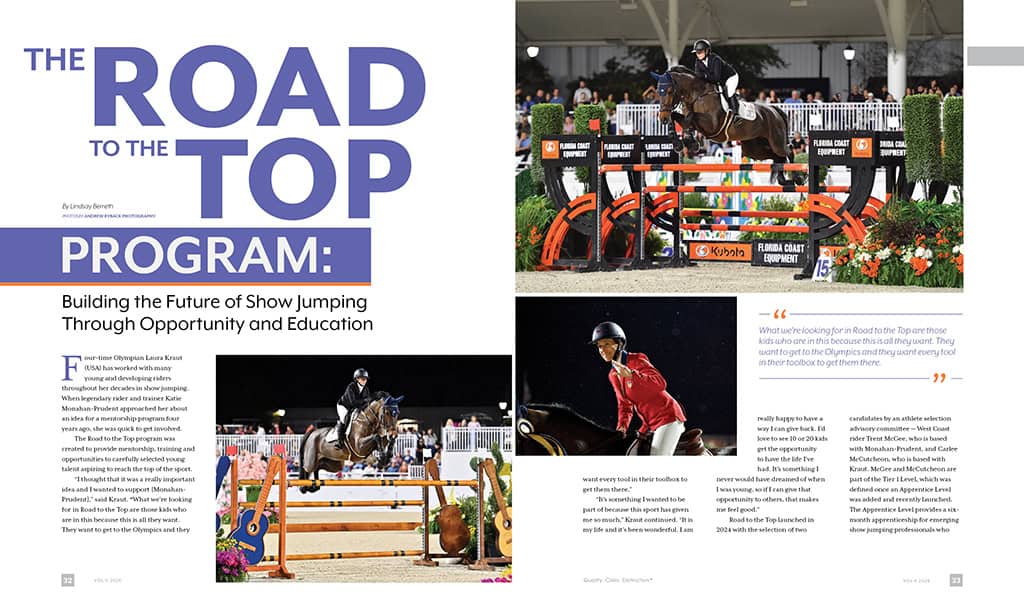 Magazine spread about show jumping, featuring riders jumping horses over fences, event spectators, and text about a youth equestrian program.