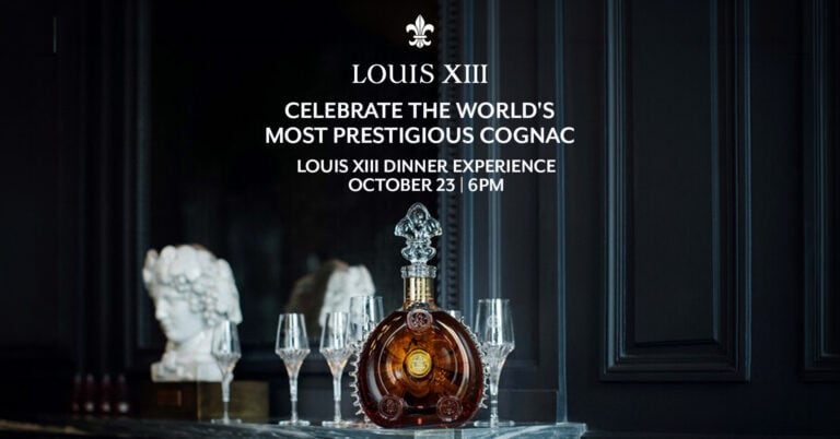 A bottle of Louis XIII cognac with four glasses is displayed on a table; event details for a Louis XIII Dinner Experience are written above.