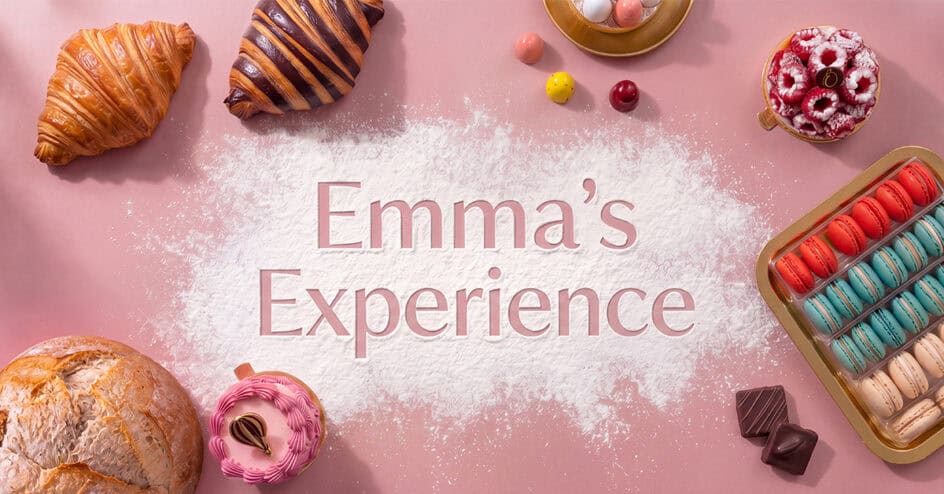 Various pastries, bread, macarons, and chocolates surround the words 