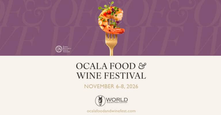 A fork with shrimp and greens above text promoting the Ocala Food & Wine Festival, November 6-8, 2026, at the World Equestrian Center.