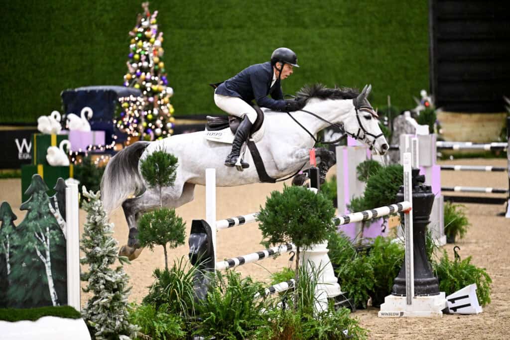 A rider in equestrian gear guides a gray horse over a jump during an indoor show jumping competition with festive decorations in the background.