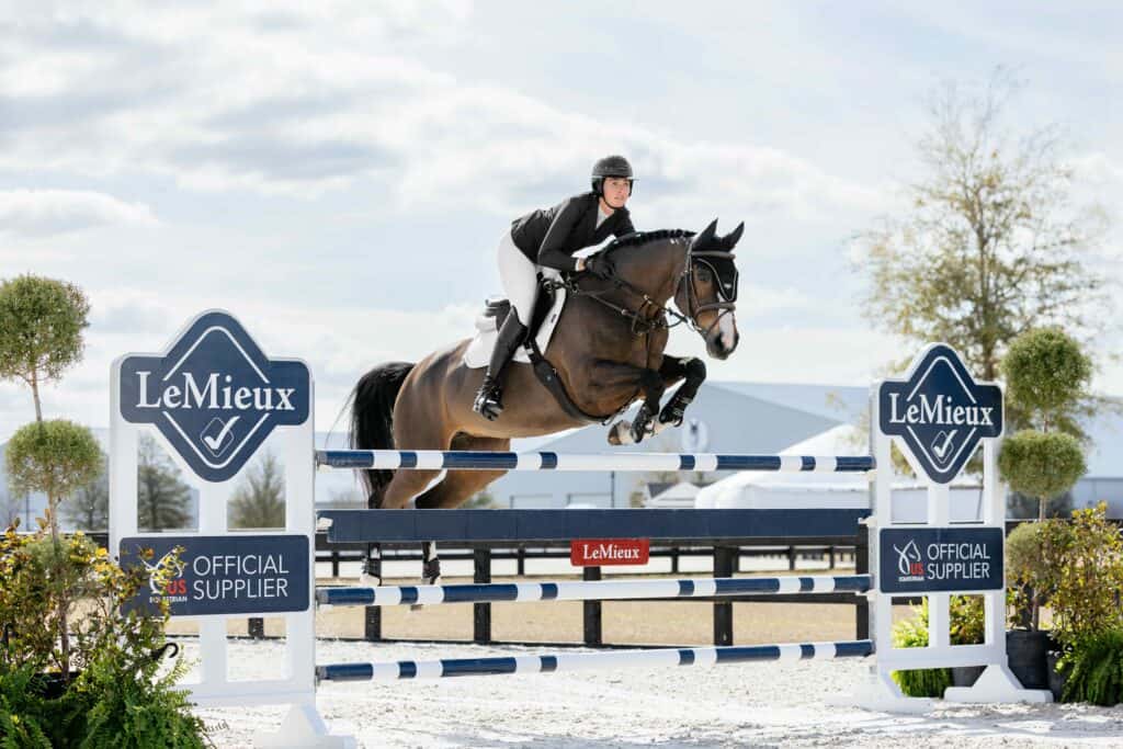 Equestrian rider in helmet and jacket jumps a horse over a blue-and-white LeMieux-branded obstacle during an outdoor show jumping event.