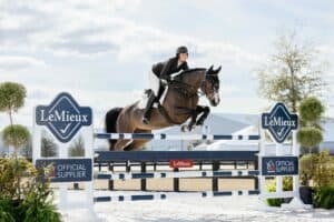 Equestrian rider in helmet and jacket jumps a horse over a blue-and-white LeMieux-branded obstacle during an outdoor show jumping event.