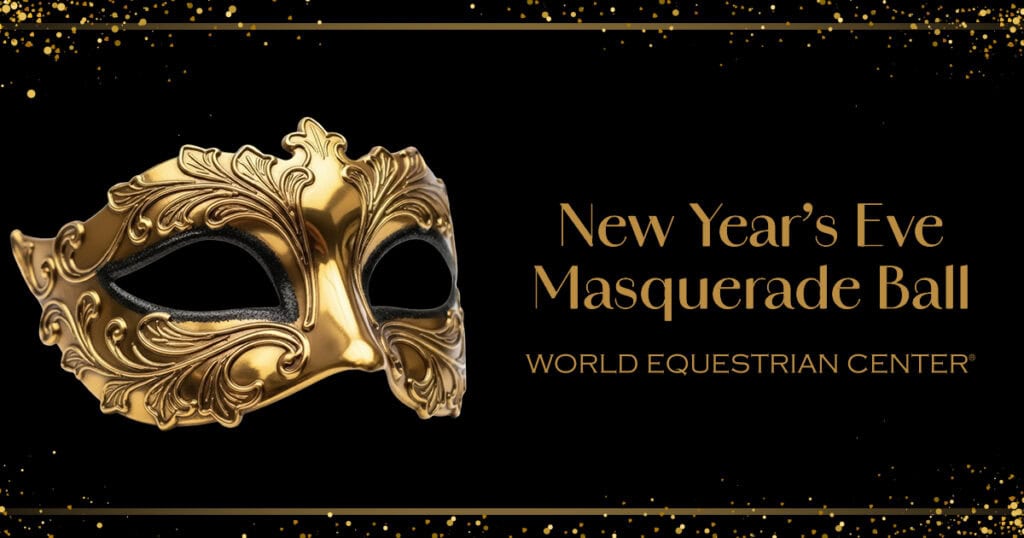 A gold masquerade mask next to text that reads, 