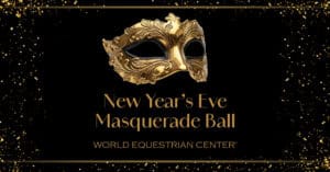 Gold masquerade mask above the text 