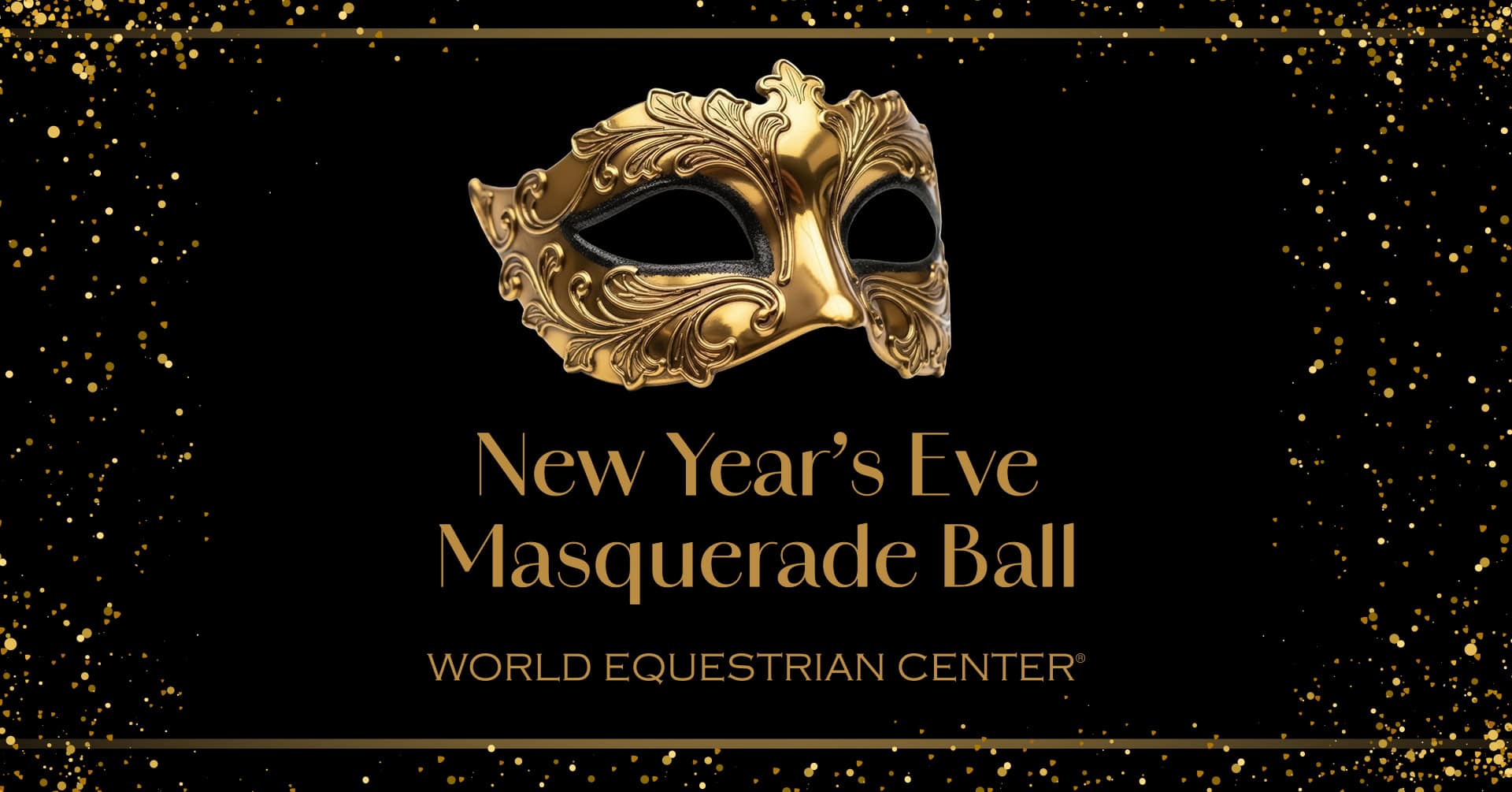 Gold masquerade mask above the text 