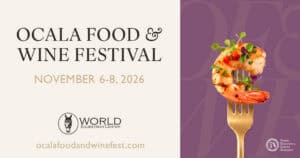 Ocala Food & Wine Festival, November 6-8, 2026, World Equestrian Center logo, website link, grilled shrimp on fork garnished with herbs.