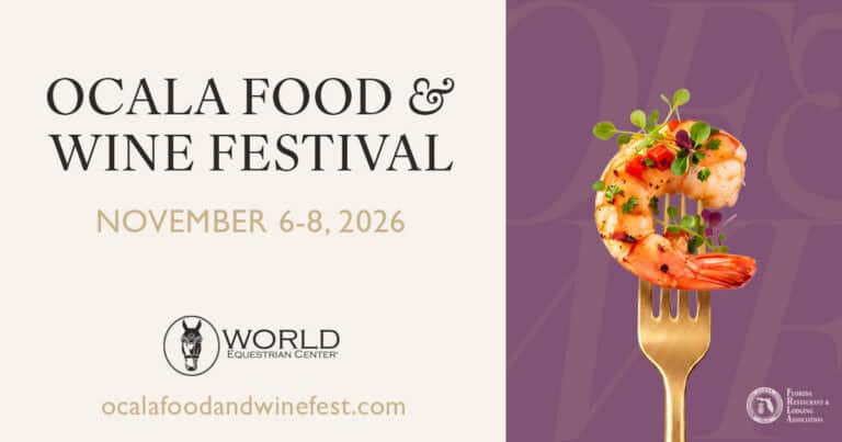 Ocala Food & Wine Festival, November 6-8, 2026, World Equestrian Center logo, website link, grilled shrimp on fork garnished with herbs.