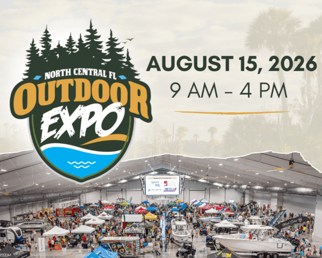 North Central FL Outdoor Expo event banner; includes date and time, August 15, 2026, 9 AM–4 PM, with a large expo hall filled with booths and boats.