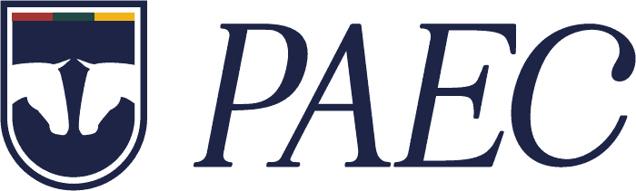 Logo featuring a navy shield with two horse heads and a stripe of green, yellow, and red above; the letters "PAEC" appear in large navy font to the right.