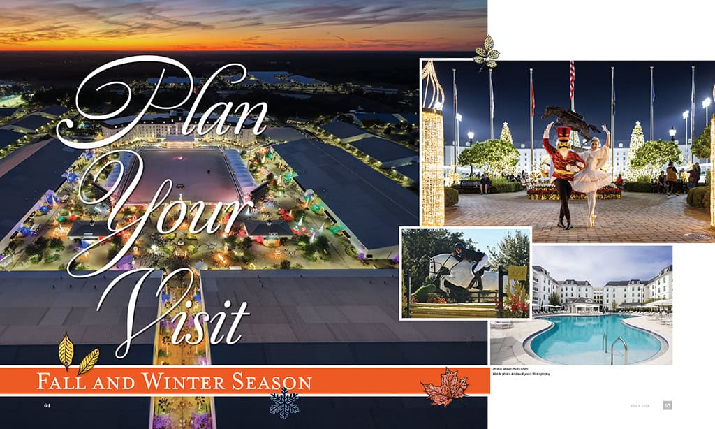 Aerial view of a decorated event space at dusk, ballet dancers performing, a horse sculpture, and a hotel with a pool, promoting fall and winter season activities.