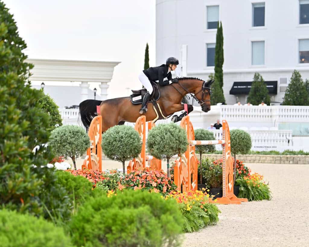 A rider in equestrian gear on a brown horse jumps over an orange obstacle during a show jumping competition in an outdoor arena.
