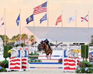 A horse and rider jump over a fence decorated with American flags and eagle designs at an equestrian event, with multiple state and national flags in the background.