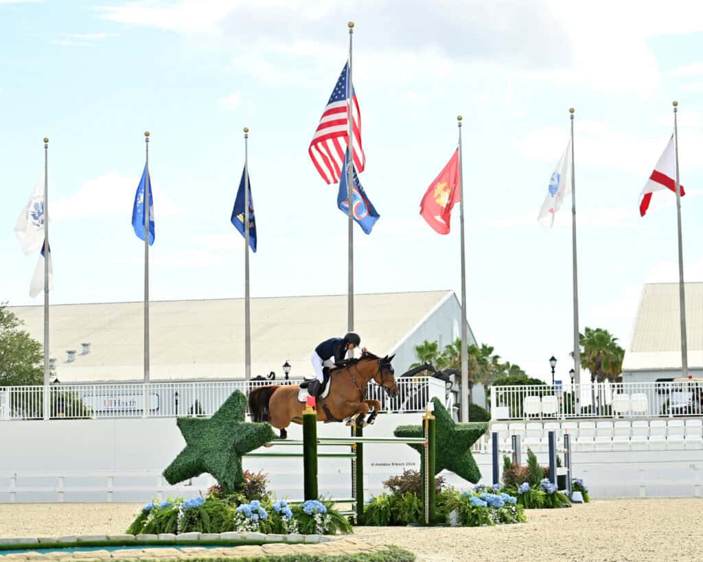 An equestrian rider and horse jump over a green star-shaped obstacle during a competition, with several national and military flags in the background.