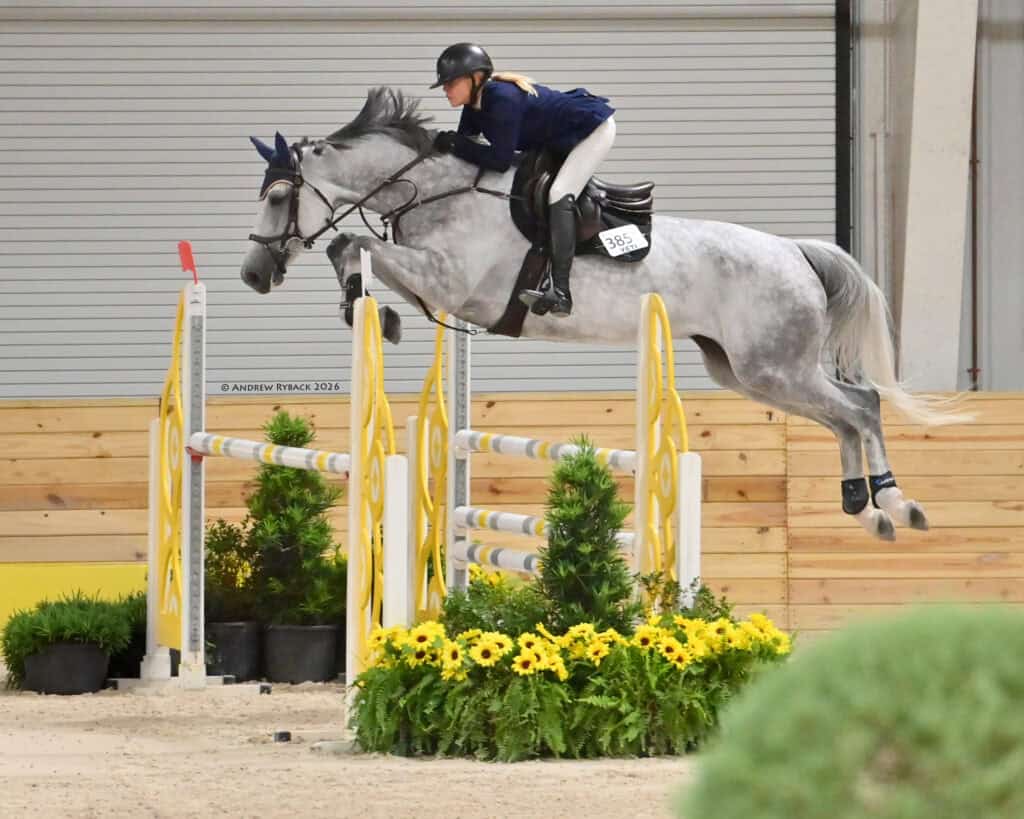 Equestrian rider in competition attire jumps a gray horse over a yellow and white obstacle in an indoor arena.