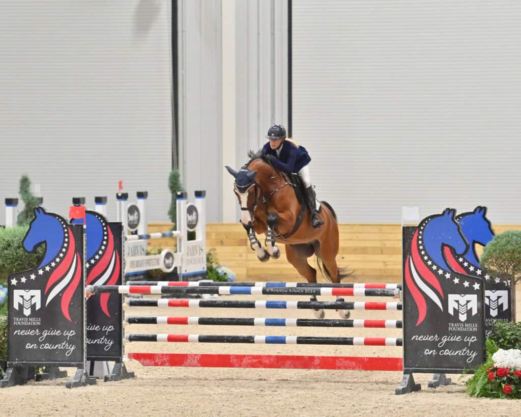 A rider on a brown horse jumps over a red, white, and blue-striped obstacle in an indoor equestrian event arena.